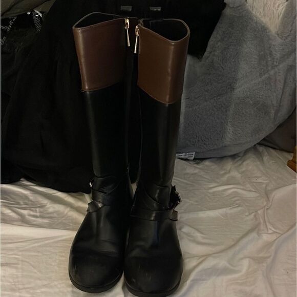 Michael Kors Emma two tone leather riding boots w/buckle/belt black sz 5 - Picture 12 of 12